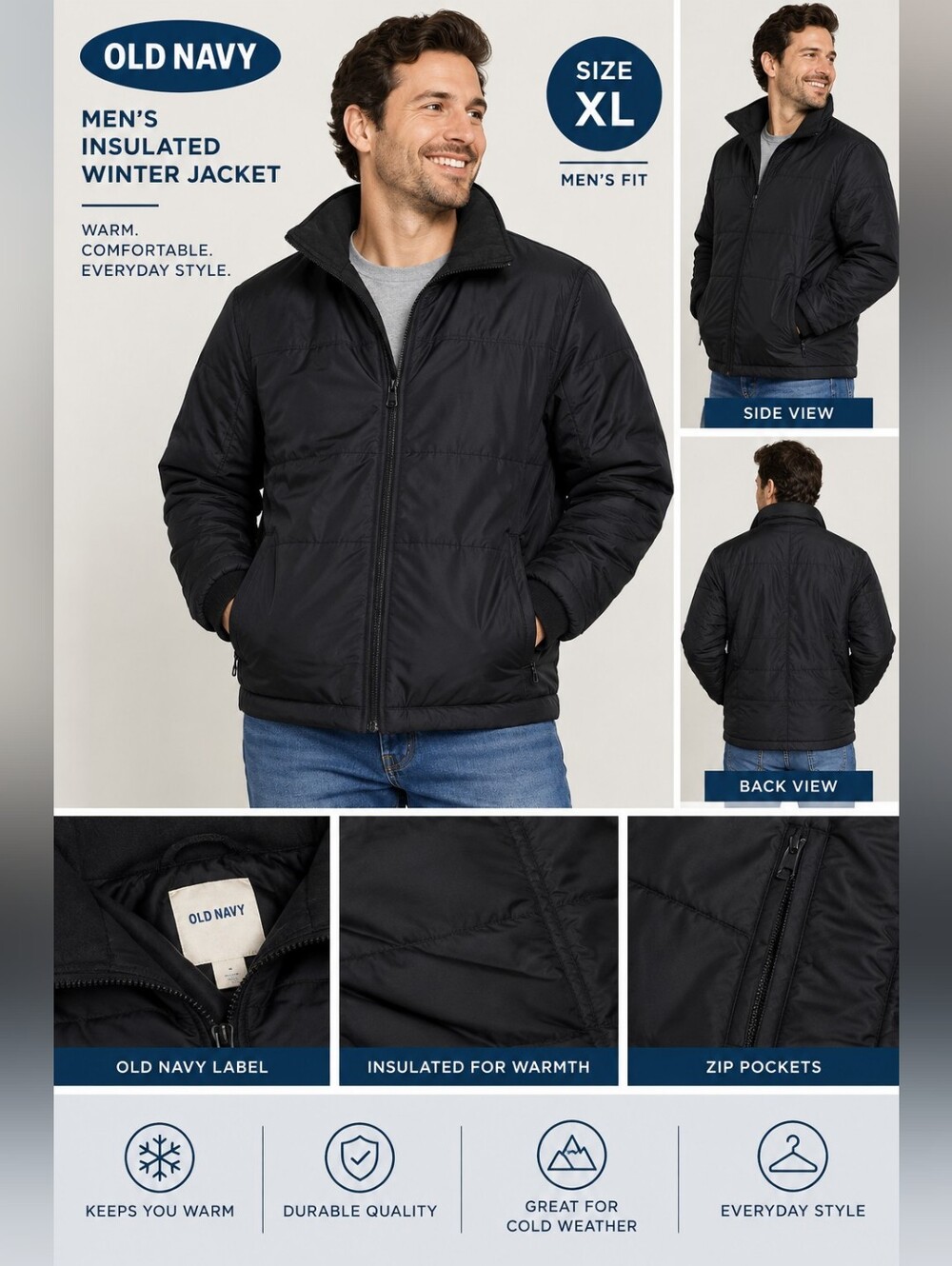 Old navy mens XL black zip up insulated winter jacket #29
